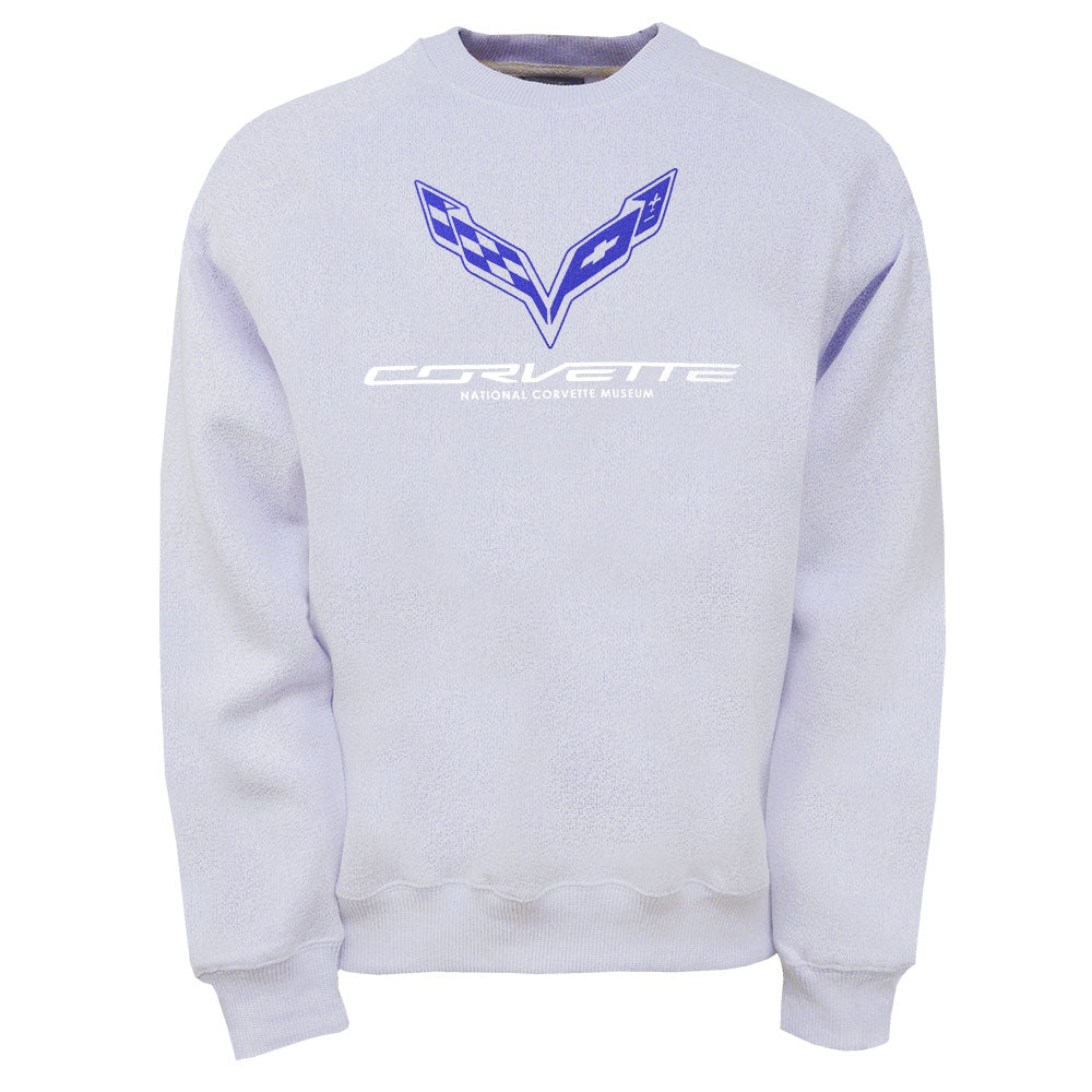 The 7th Generation Corvette Emblem Crewneck Pullover in lilac shown on a white background