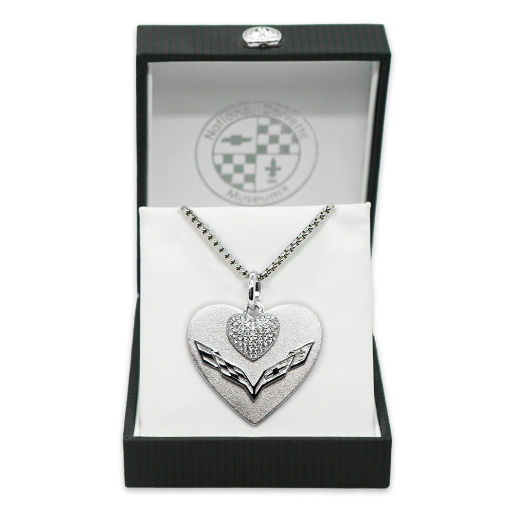 7th Generation Corvette Emblem Heart with Pave Set Cubic Zirconia Necklace shown in a gift box on a white background