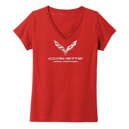 Ladies' red v-neck tee features a white C7 Corvette emblem shown on a white background.