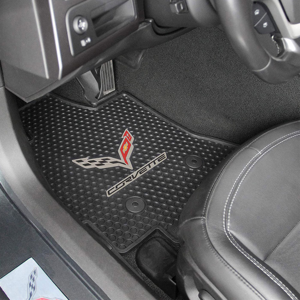 7th Generation Corvette Emblem Signature Rubber Floor Mats shown installed in a Corvette