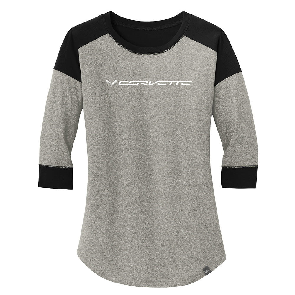 Gray and black three quarter sleeve baseball t-shirt with a C7 Corvette logo shown on a white background