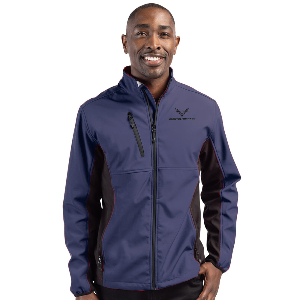 Man wearing a navy blue Corvette with the C7 Corvette logo on the chest shown on a white background