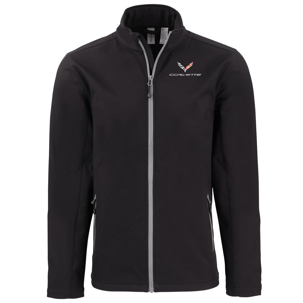 Black jacket with an embroidered C7 Corvette logo on the left chest shown on a white background