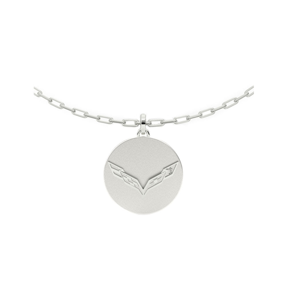 7th Generation Corvette Two Tone Sterling Silver Small Circle Necklace shown on a white background.