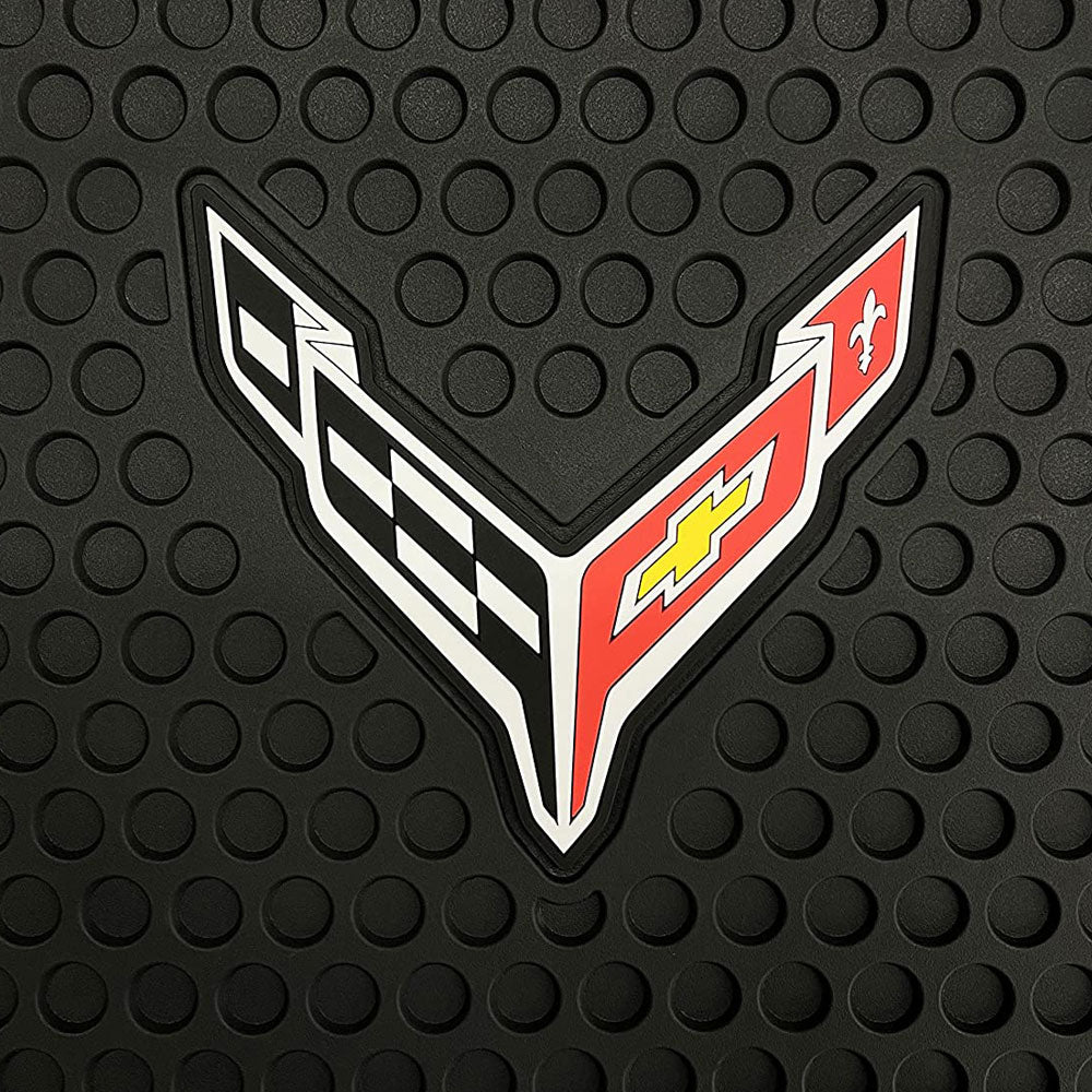 Close up of the C8 Corvette Emblem on the 8th Generation Corvette Emblem All-Season Rubber Front Trunk Mat 