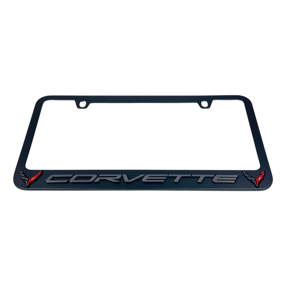 8th Generation Corvette Emblem Black License Plate Frame shown on a white background.