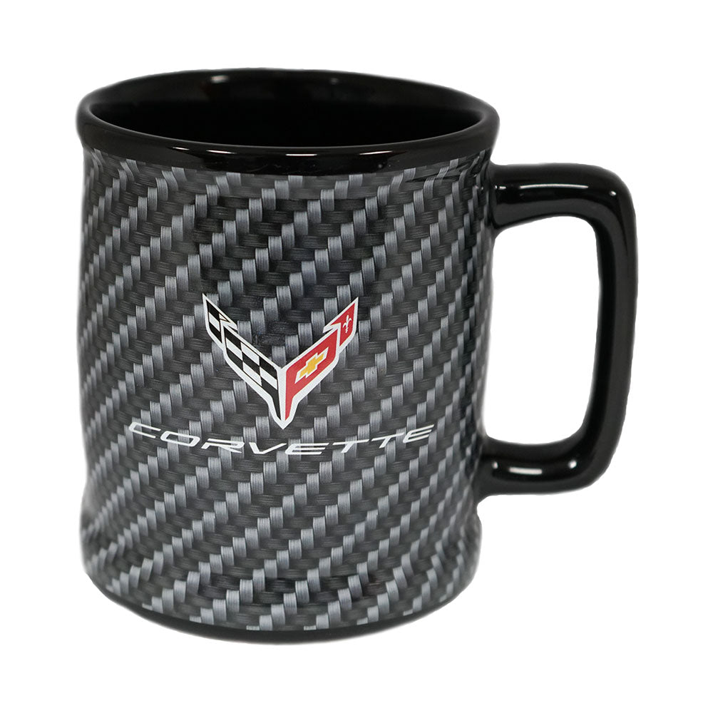 The 8th Generation Corvette Emblem Carbon Fiber Ceramic Mug shown on a white background.