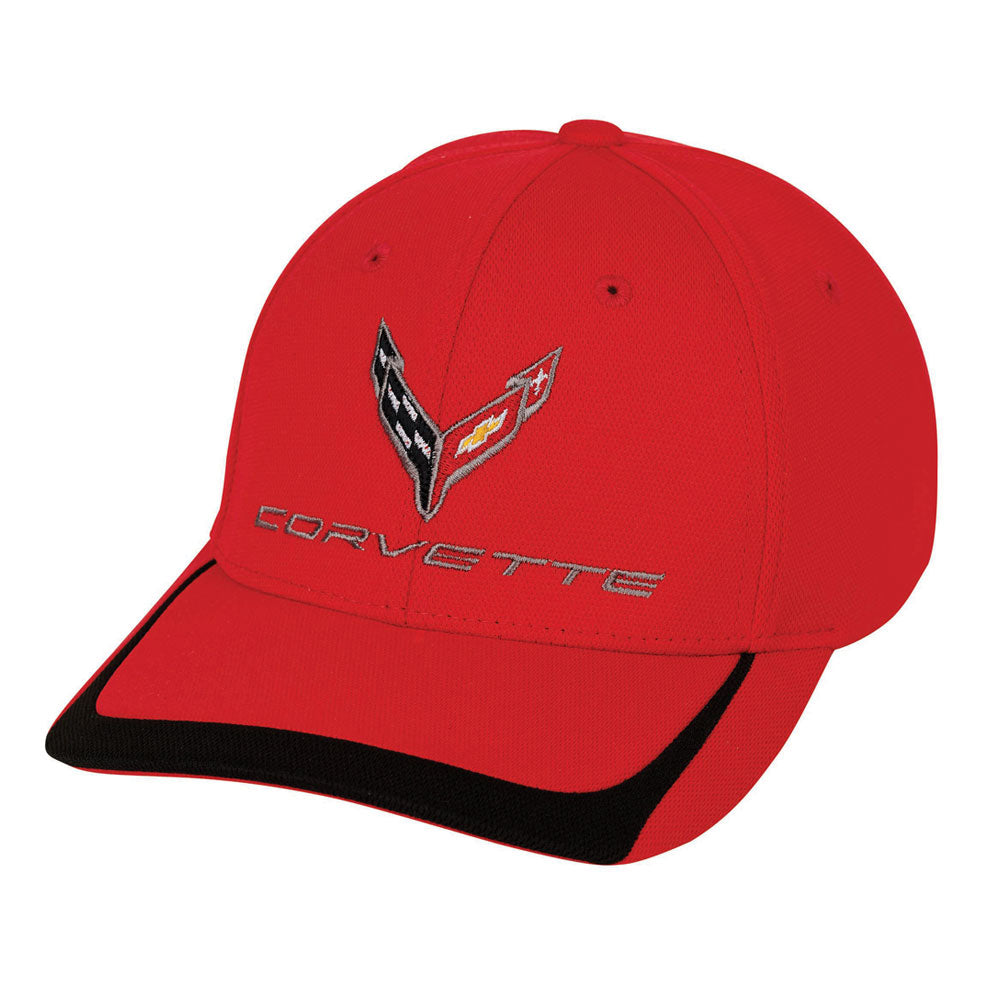 The red and black 8th Generation Corvette Emblem Colorblock Cap shown on a white background.
