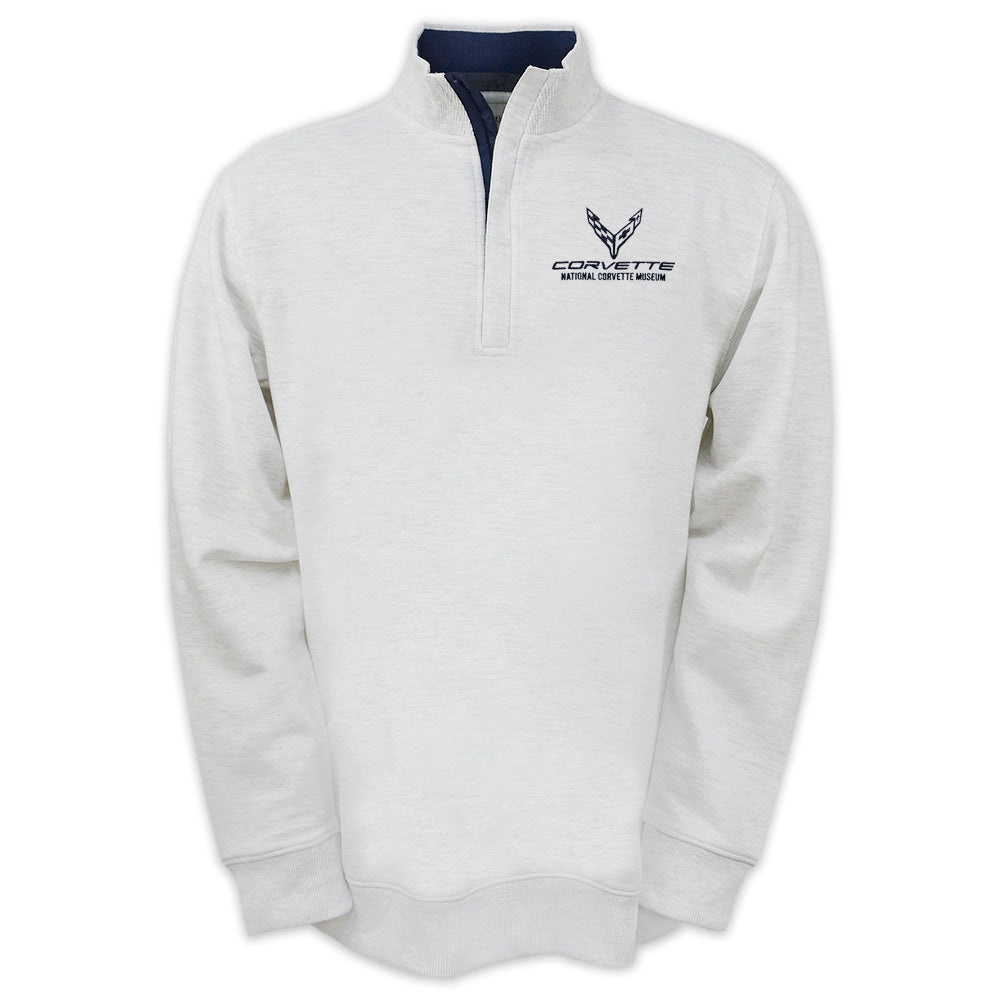 Ash gray quarter-zip pullover with navy trim and a navy C8 Corvette emblem embroidered on the left front chest shown on a white background.