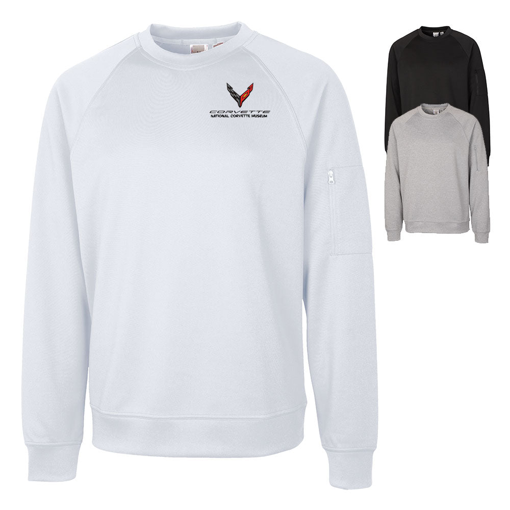 The 8th Generation Corvette Emblem Custom Lift Crewneck Sweatshirt shown in White, black and gray on a white background.