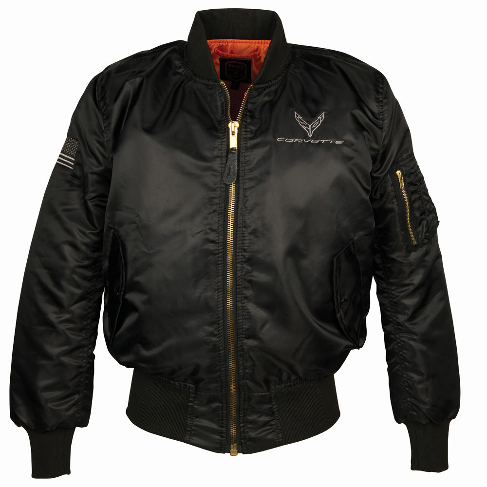 A black flight jacket with the C8 Corvette logo embroidered on the left chest and an American flag embroidered on the right sleeve shown on a white background