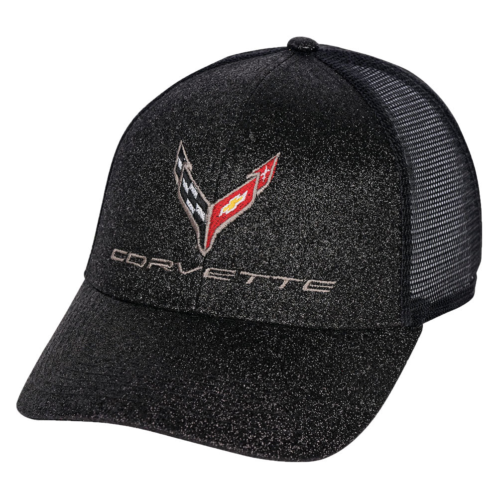 A black trucker cap with a glitter front embroidered with the C8 Corvette emblem shown on a white background.