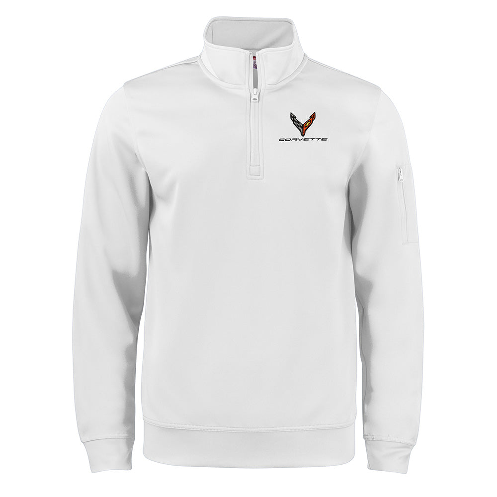 White quarter-zip pullover with the C8 Corvette logo on a white background.