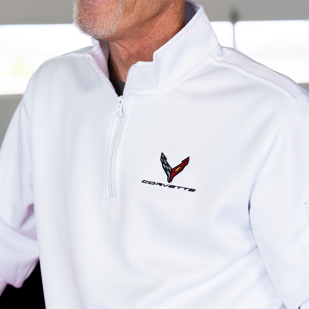 White quarter-zip sweatshirt with C8 Corvette logo on a person wearing it.