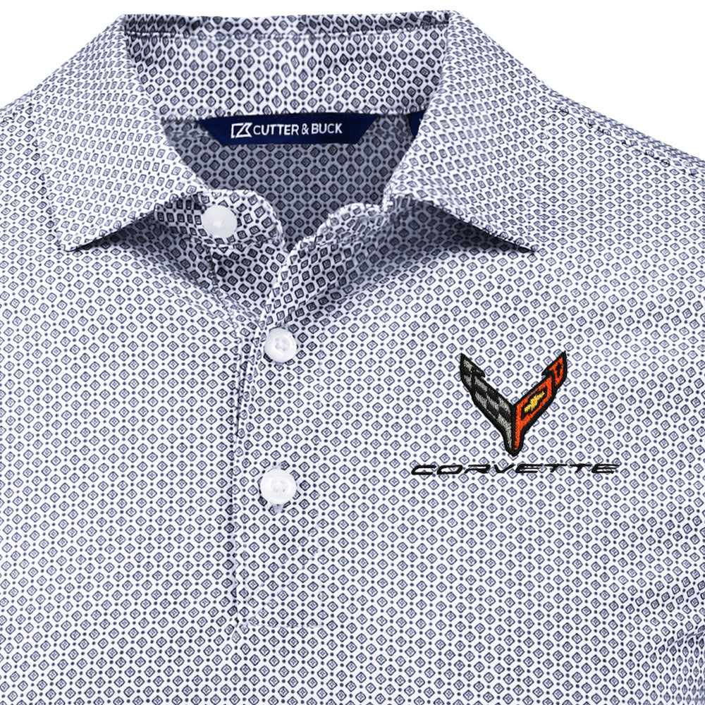 Cutter & Buck polo shirt with a C8 Corvette logo on a white background