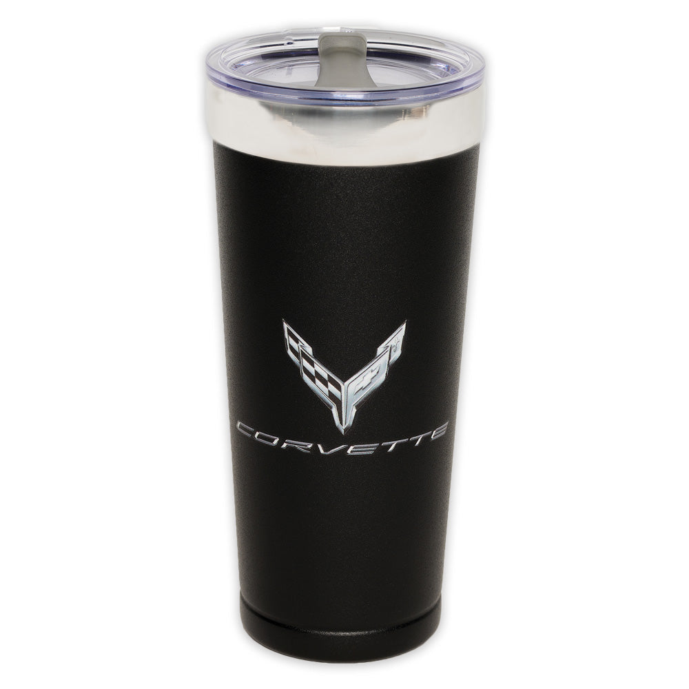 8th Generation Corvette Emblem Metallic Tonal Black Tumbler shown on a white background.