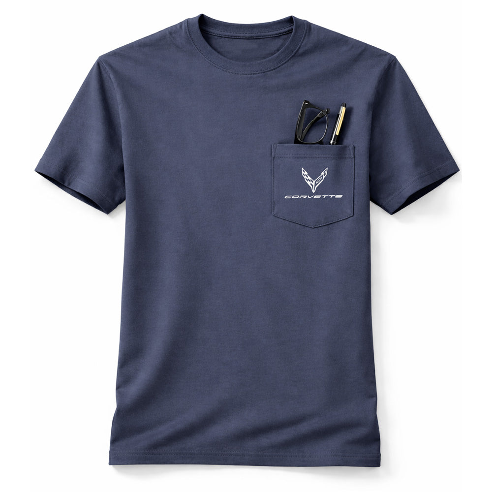 C8 Corvette Emblem blue Pocket T-shirt shown with a pair of glasses and a pen in the pocket.