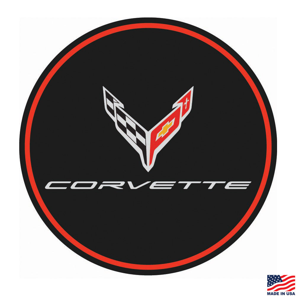 C8 Corvette logo on a black background with red border tin sign 