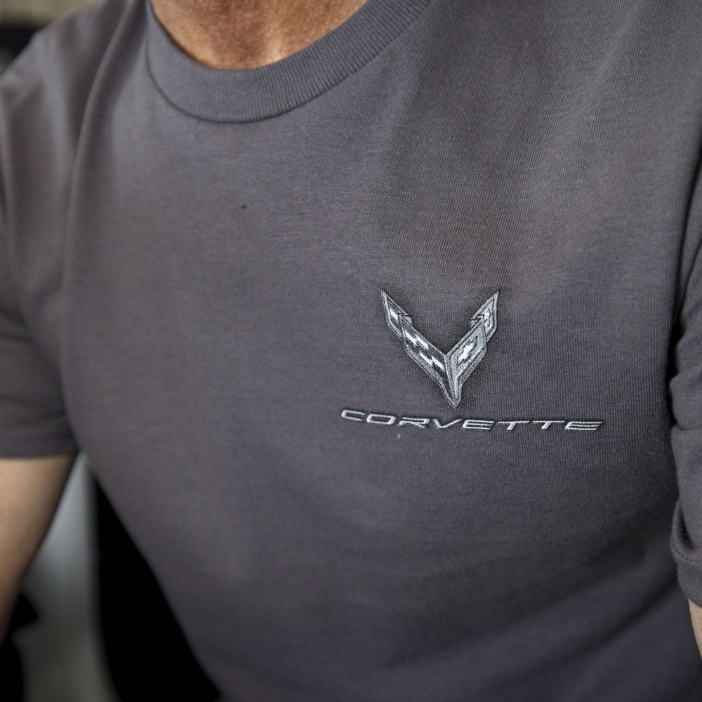 Image showing the gray tonal C8 emblem on the front left chest of a gray t-shirt