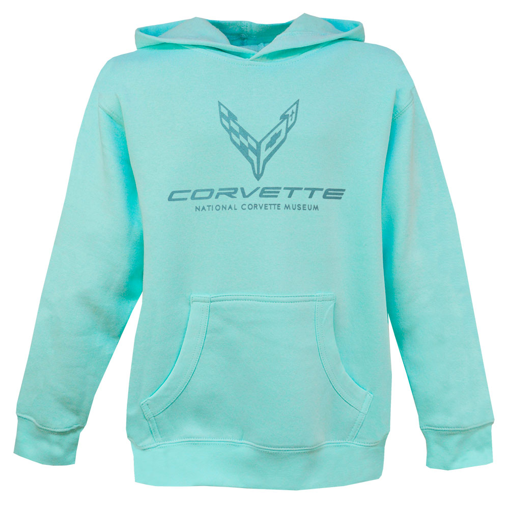 8th Generation Corvette Emblem Youth Pullover Hoodie in Aqua shown on a white background.