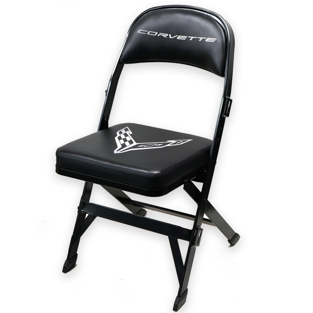 Black folding chair with the C8 Corvette logo on a white background