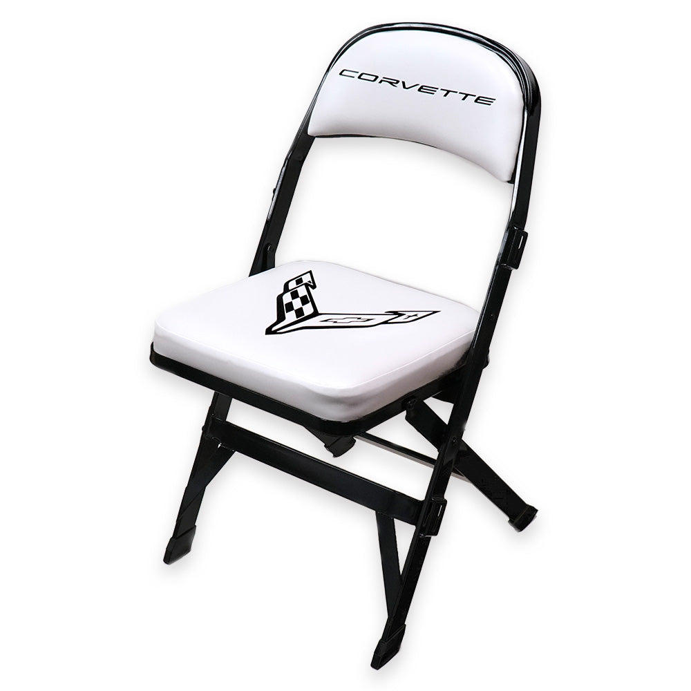 White folding chair with a C8 Corvette logo shown on a white background