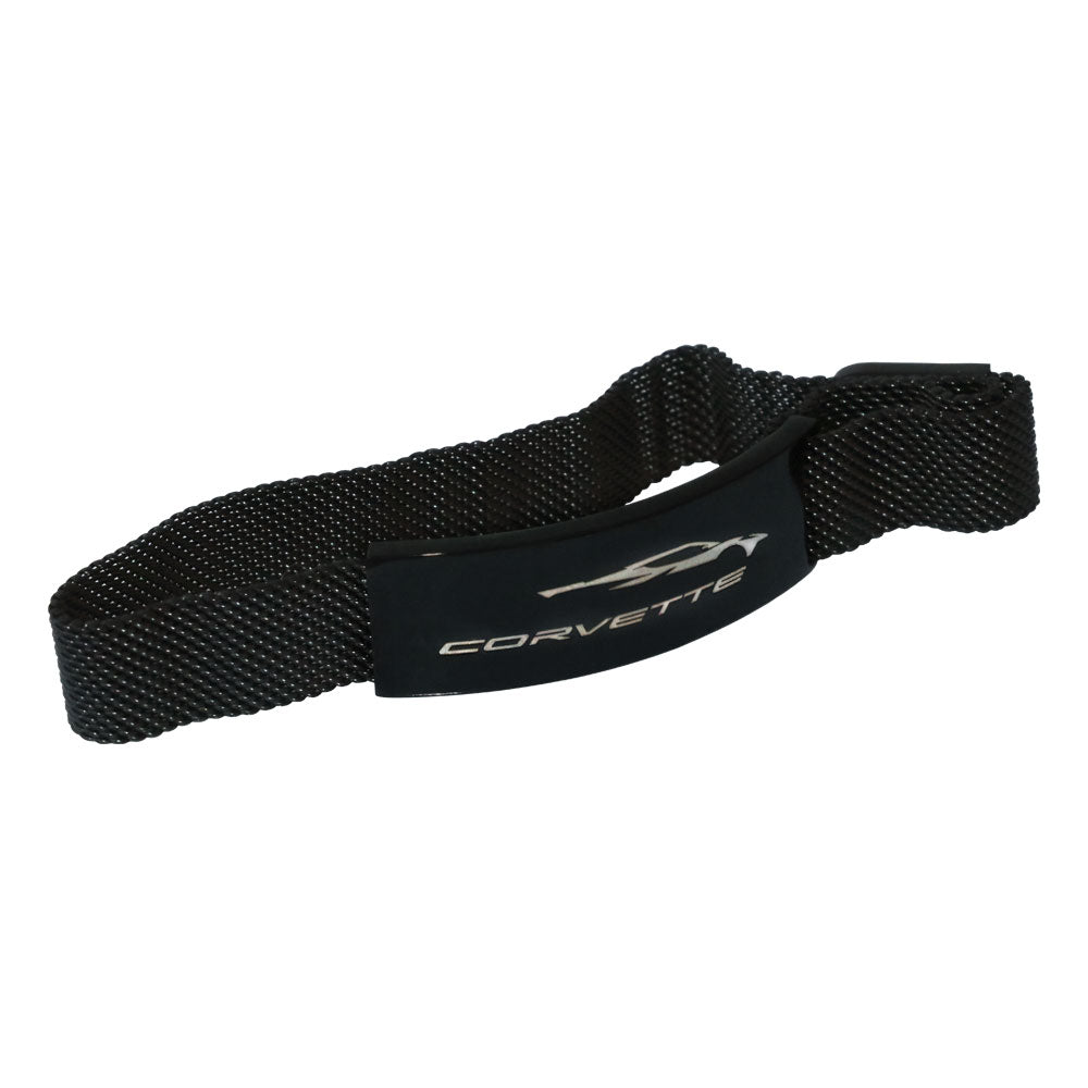Black Stainless Steel Magnetic Bracelet with an ID tag that features the C8 Corvette silhouette and the word Corvette shown on a white background.