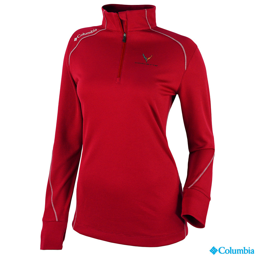 C8 Corvette Ladies' Shotgun Quarter-Zip Pullover Red shown on a white background