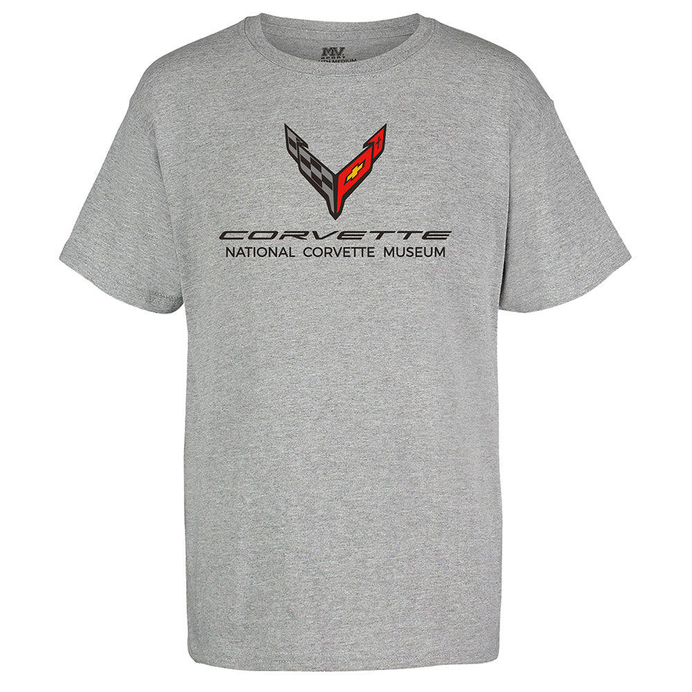 Gray t-shirt with the C8 Corvette logo  on a white background