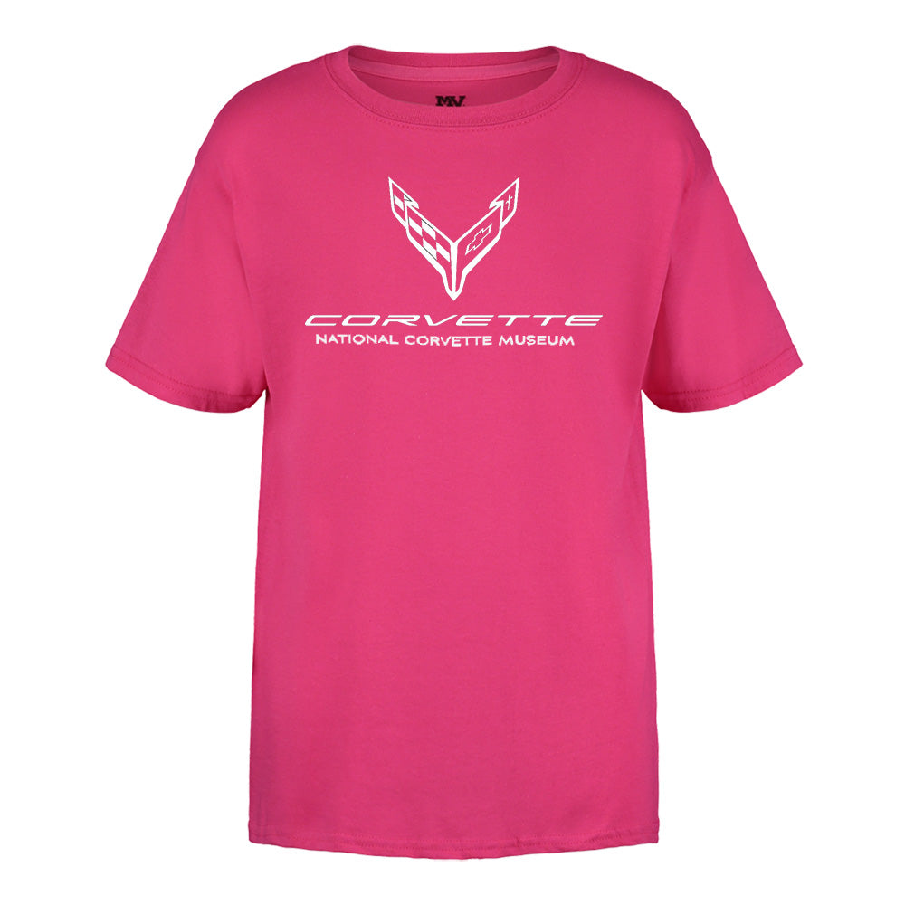 C8 Corvette NCM Youth Peppermint Pink T-shirt shown on a white background