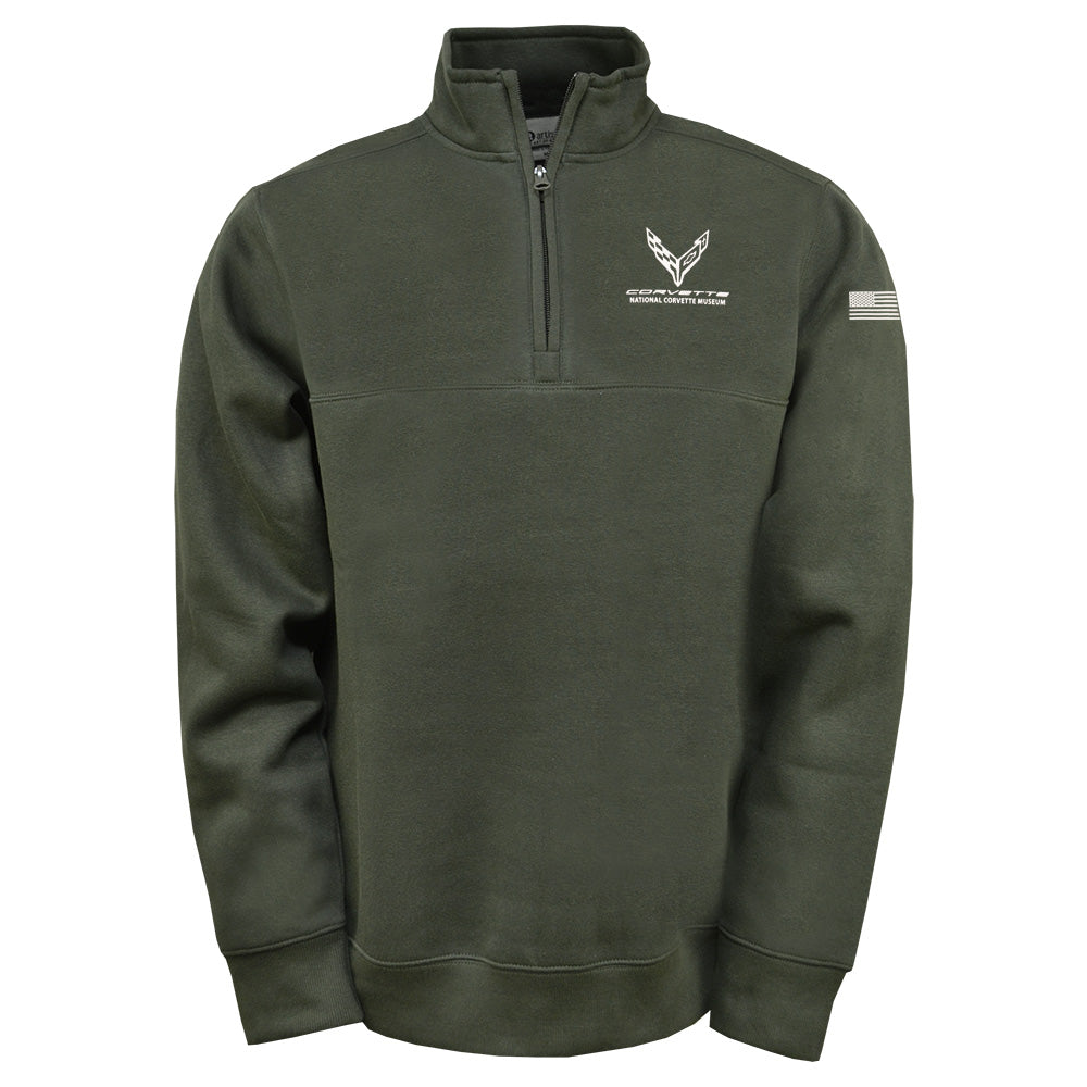 C8 Corvette Quarter-Zip Olive Green Pullover with American Flag on the sleeve shown on a white background