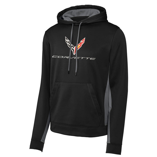 Black hoodie with gray color block accents and a full chest C8 Corvette logo shown on a white background