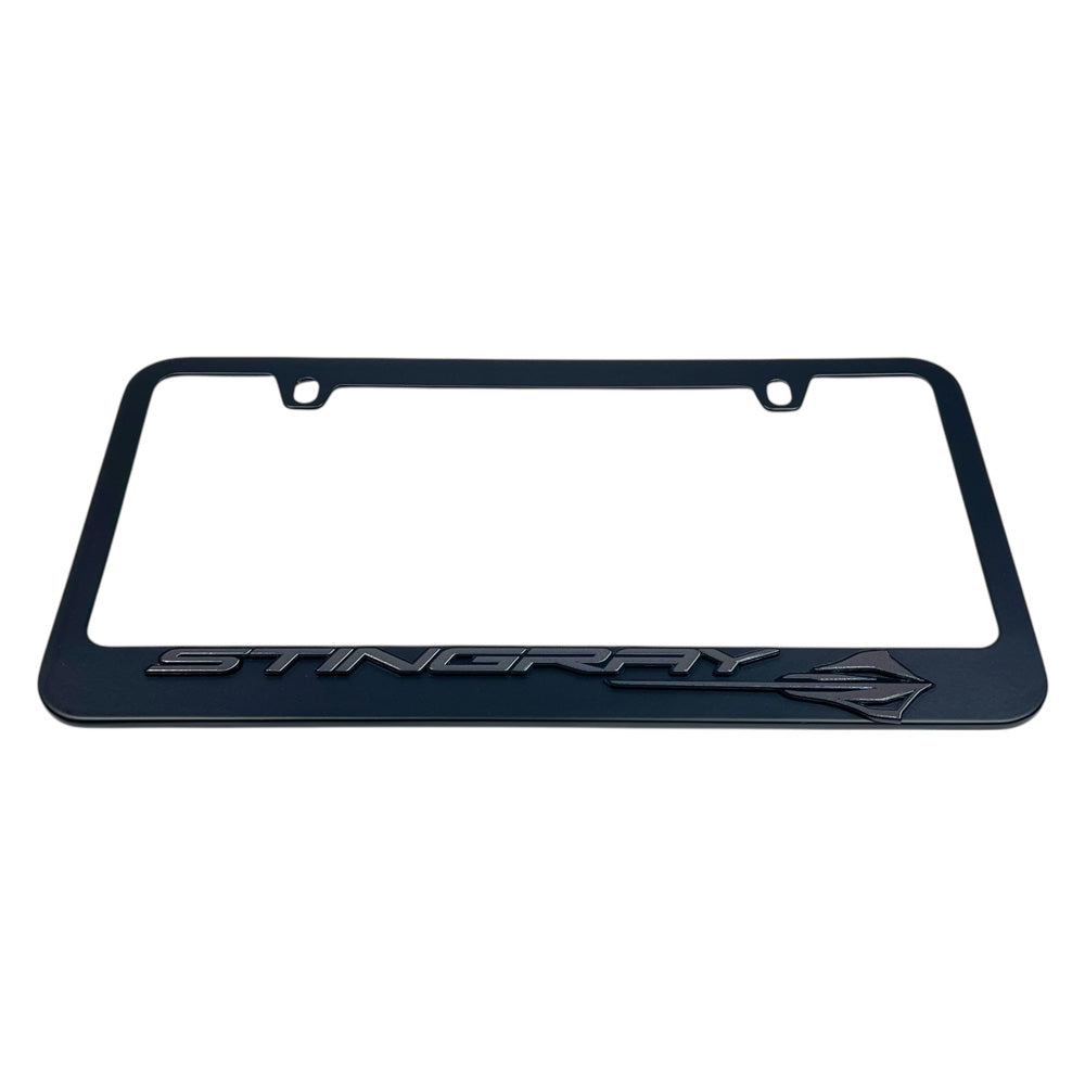 The 8th Generation Corvette Stingray Black License Plate Frame shown on a white background