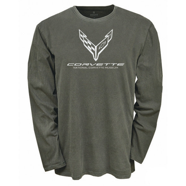 Olive green long-sleeve shirt with a C8 Corvette emblem on a white background