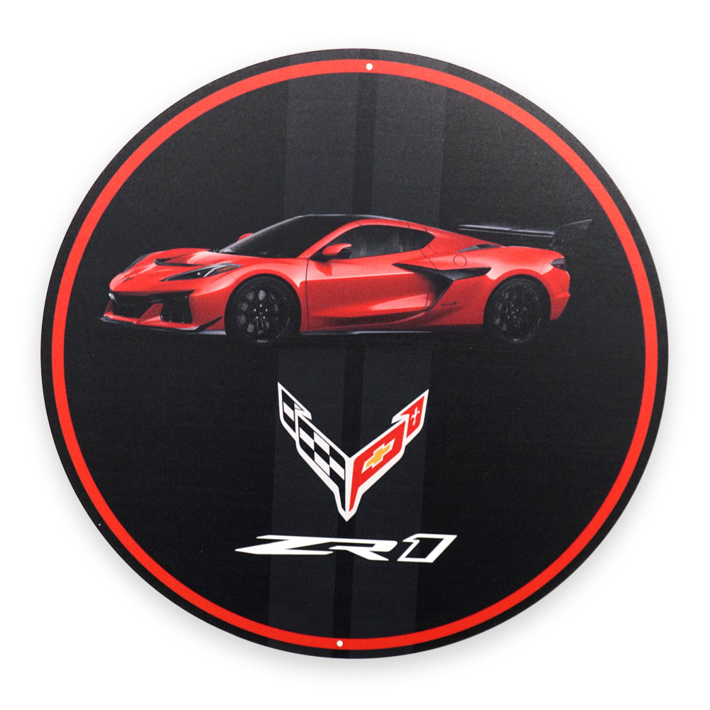 8th Generation Corvette ZR1 Car Tin Sign Black and Red shown on a white background