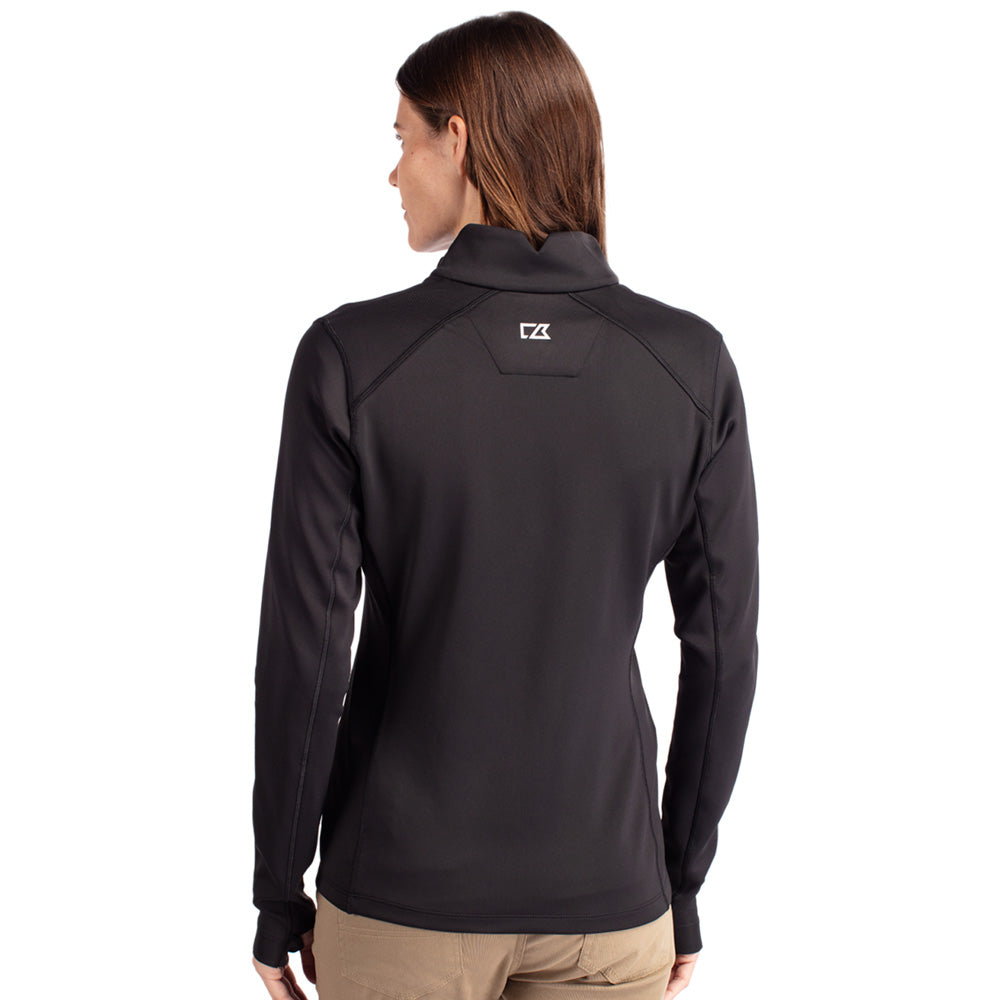 Woman wearing a black quarter zip pullover with a Cutter and Buck brand logo on the back against a white background