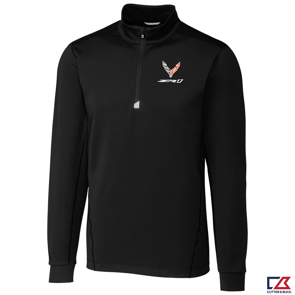 Black quarter-zip pullover with an eighth generation Corvette logo on the chest against a white background