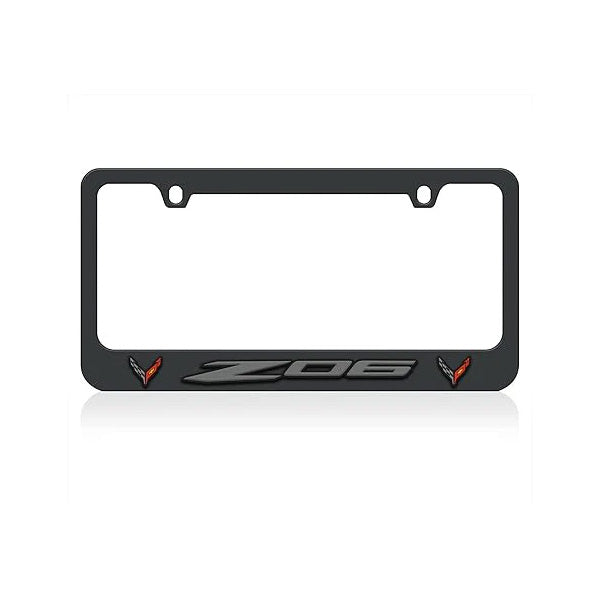 The 8th Generation Z06 Corvette Black License Plate Frame shown on a white background