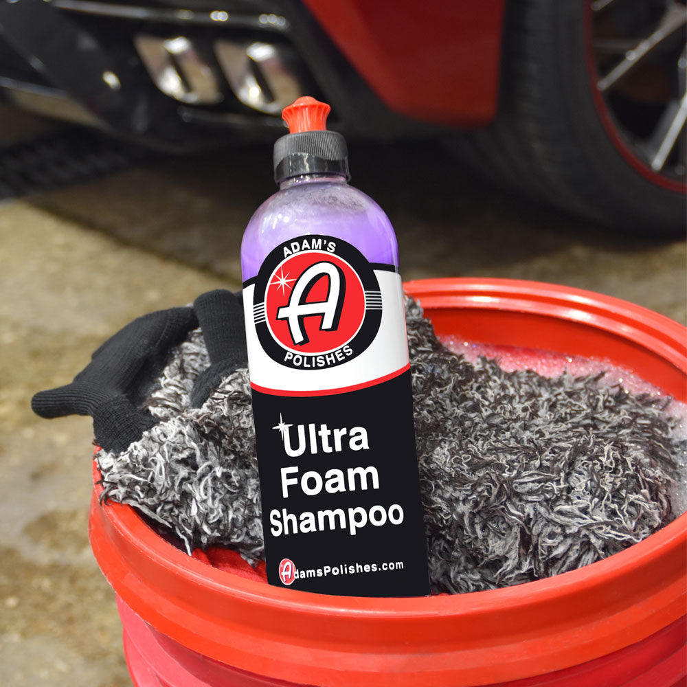 Adams Ultra Foam Shampoo shown in a wash bucket