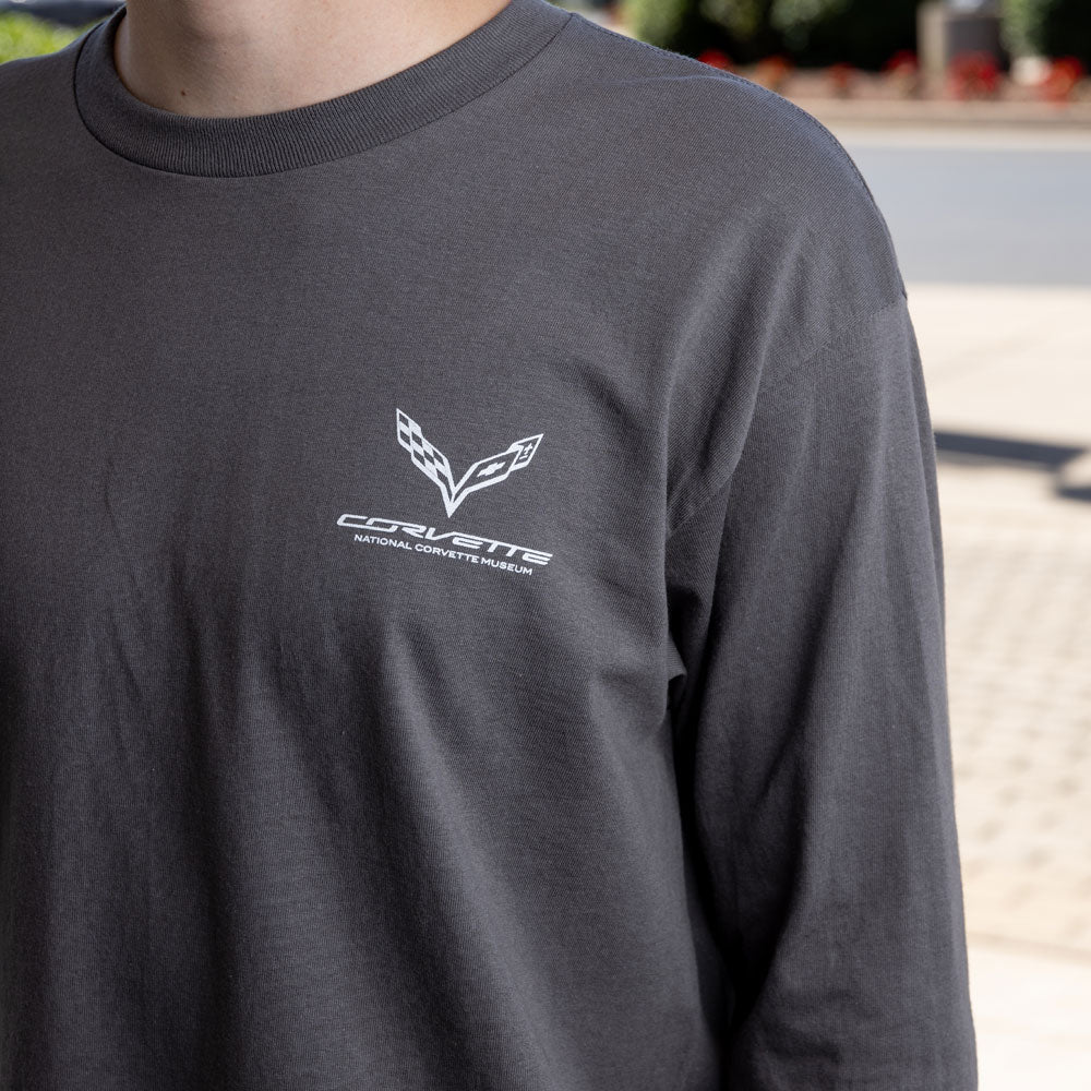 Man wearing the C1-C7 Corvette Generations Duet LS Tee showing the C8 emblem on the front left chest