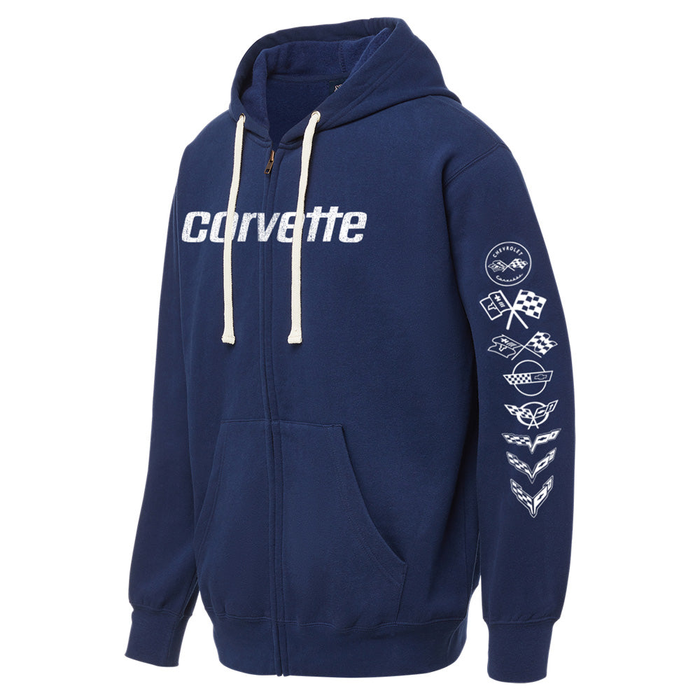 C1-C8 Corvette Emblems Fleece Full Zip Hoodie shown on a white background
