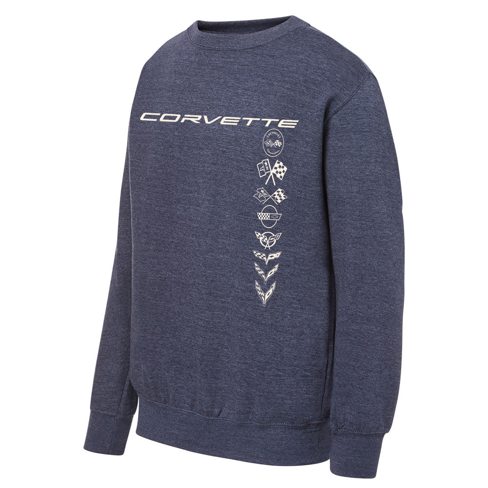 C1-C8 Corvette Emblems Fundamental Crew Heather Navy Sweatshirt shown on a white background