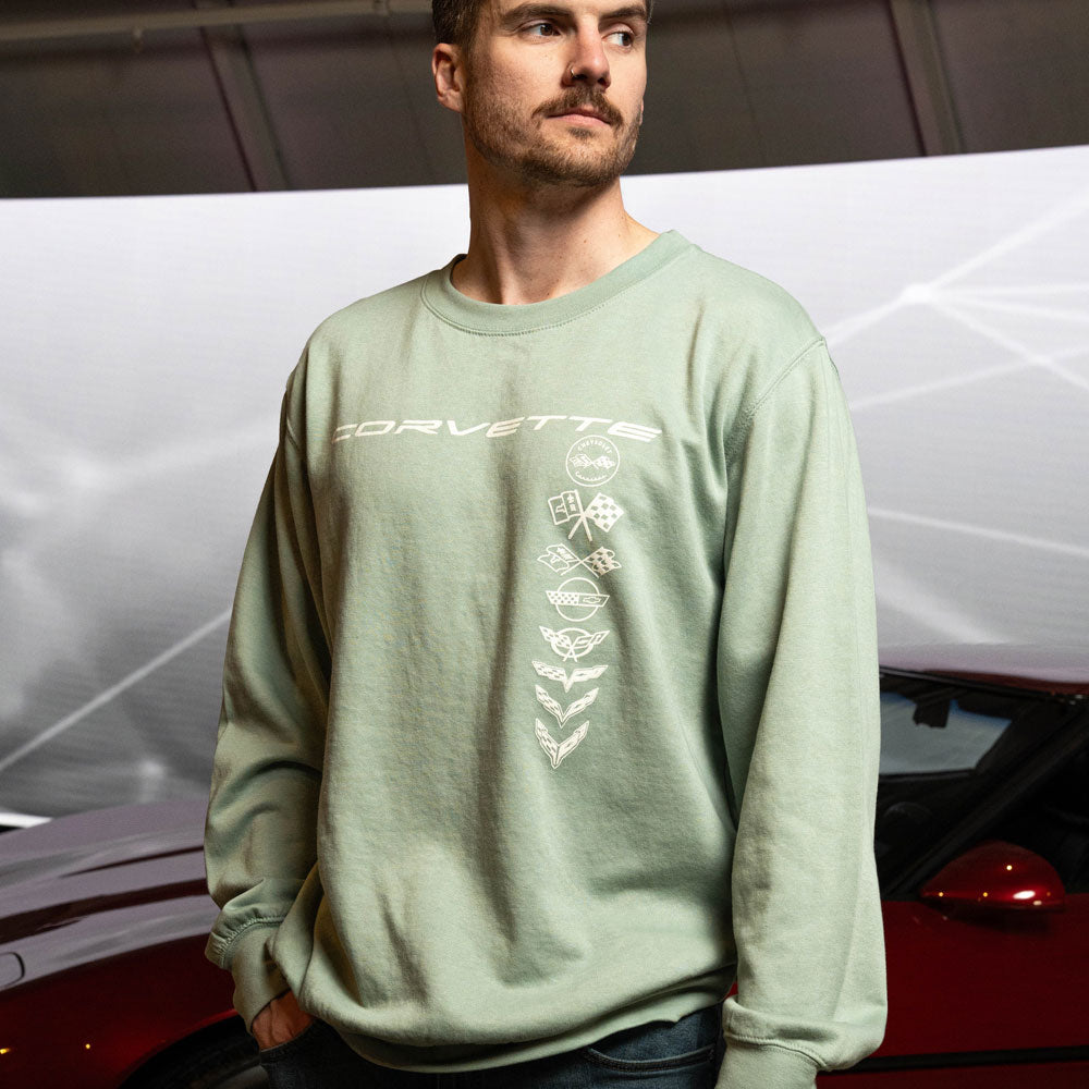 Man wearing the C1-C8 Corvette Emblems Fundamental Crew Sweatshirt