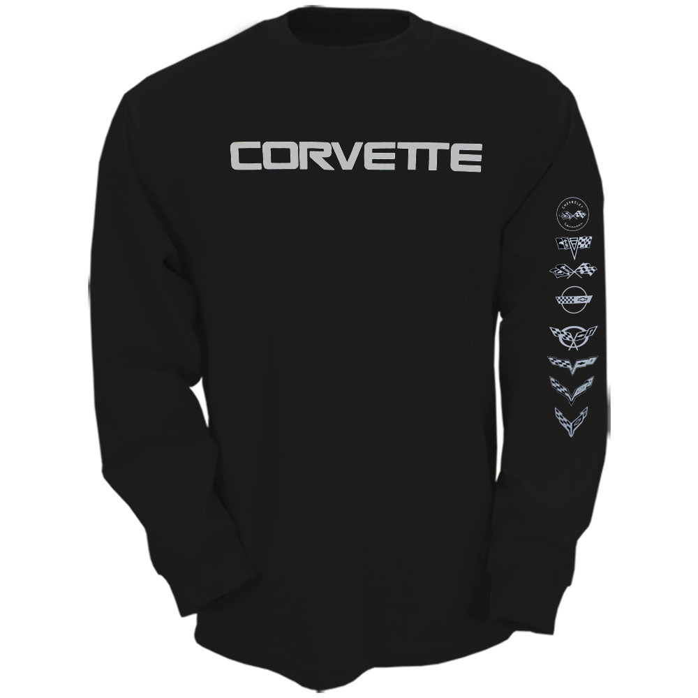 Black long-sleeve tee shirt with 'CORVETTE' script across the cheat and C1-C8 Emblems down the left sleeve on a white background