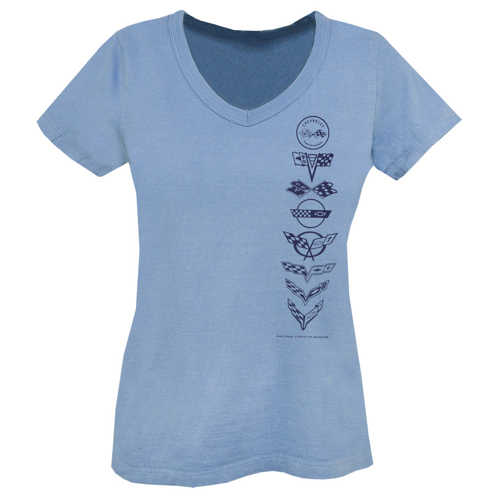 C1-C8 Corvette Emblems Ladies Dusty Blue V-Neck Top on a white background