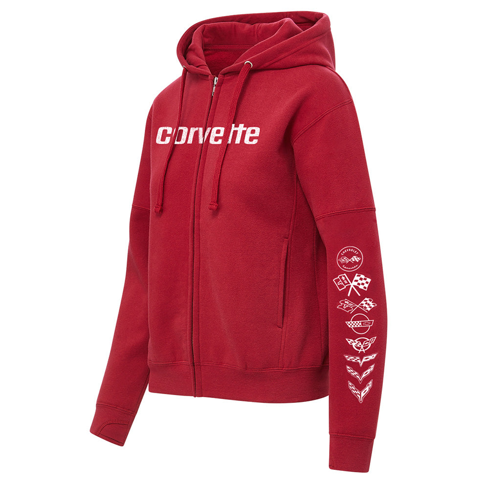 Women's Red full zip hoodie with 'Corvette' script on the front chest and the C1 through C8 emblem on the bottom sleeve shown on a white background