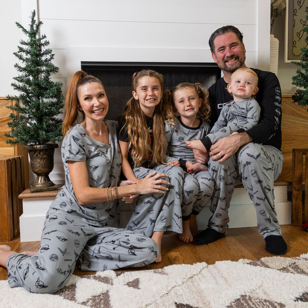 Family of five shown in the matching Corvette loungewear