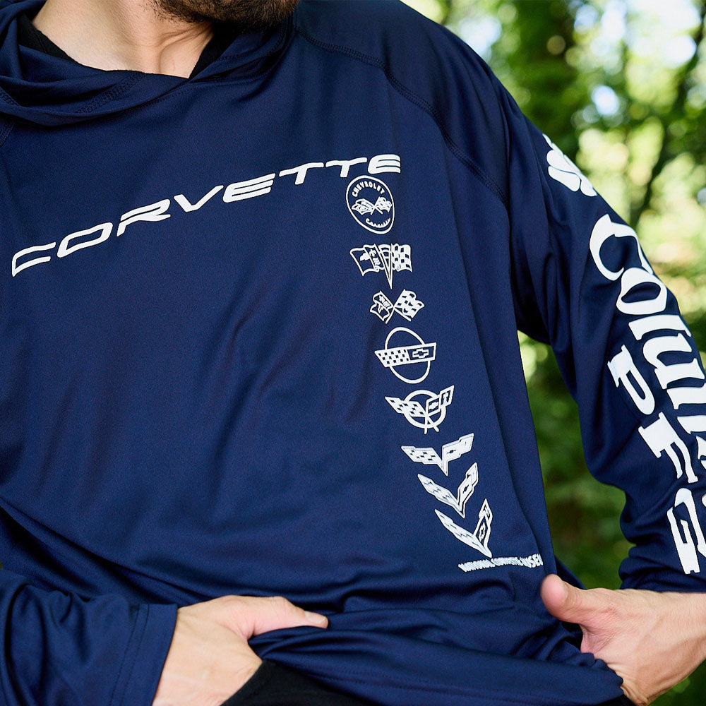 Person wearing the C1-C8 Corvette Emblems Tackle Navy Hoodie