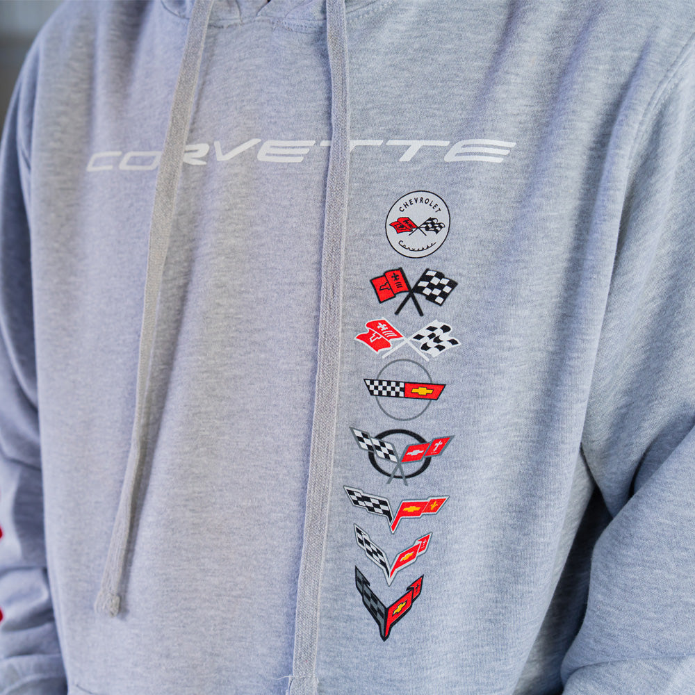 Close up of the stacked emblems on the C1-C8 Stacked Emblem Gray Sweatshirt