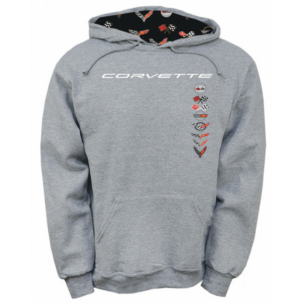 Gray Corvette hoodie with a Corvette emblems print inside the hood and stacked C1-C8 emblems down the left chest.